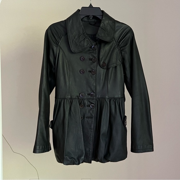 Black Leather Jacket with Stand-Up Collar and Belted Waist